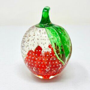 Vintage Joe St Clair Glass Controlled Bubbles Art Apple Paperweight Green Leaf